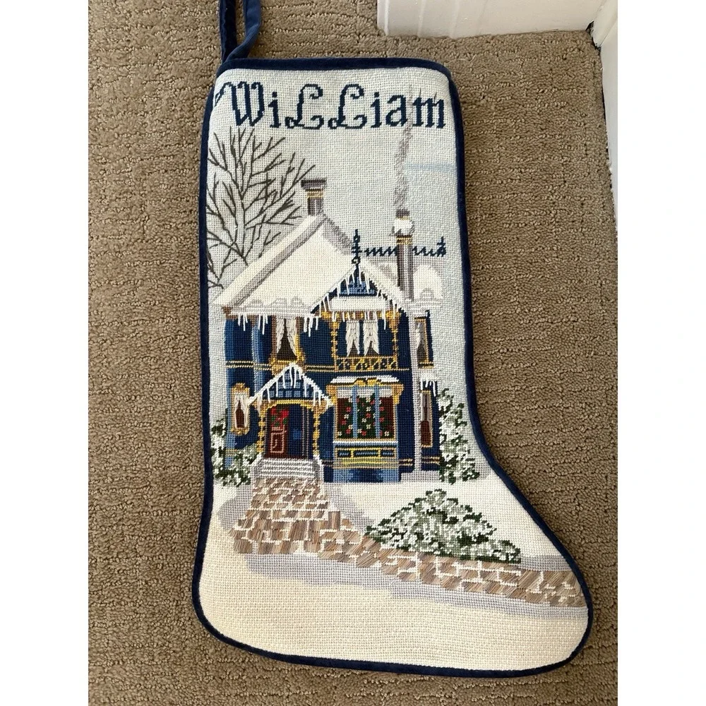Vtg Needlepoint Stocking Christmas Blue Velvet Backed 20 